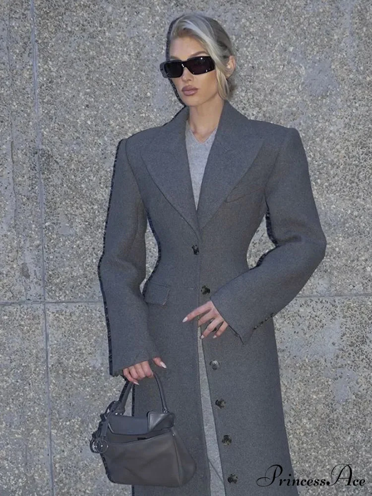 Gray Solitary Buttoned Wool Overcoat - Image 3