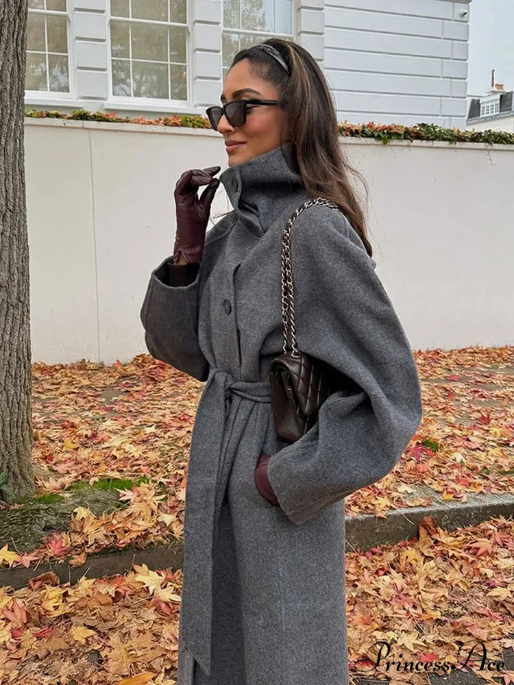 Gray Tall Neck Extended Woolen Coat - Image 2