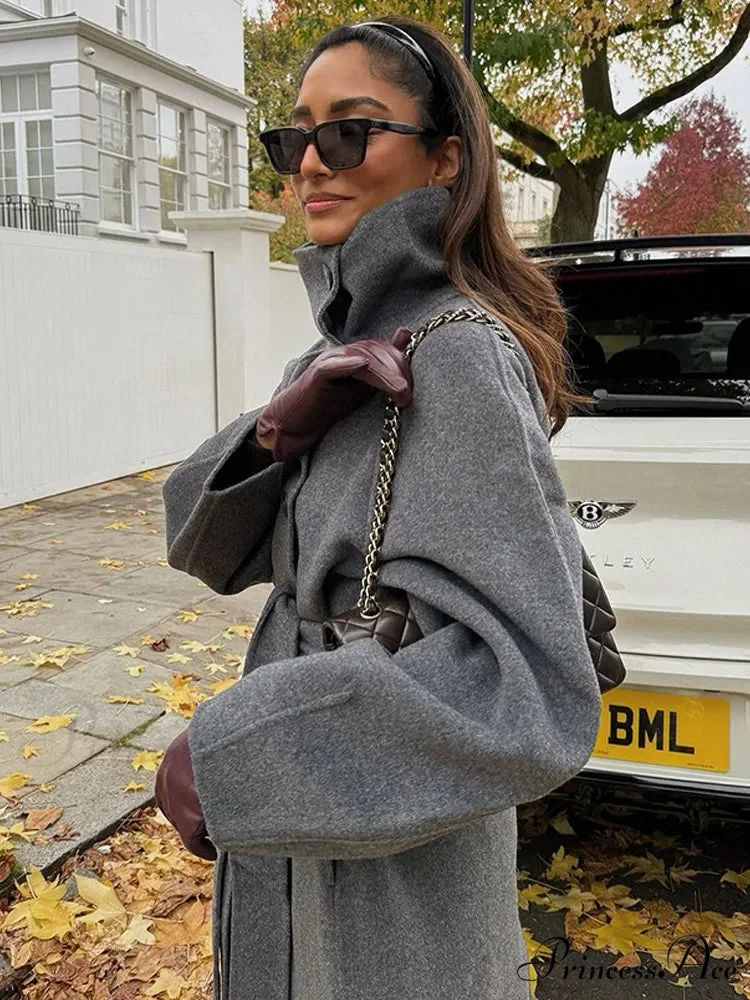 Gray Tall Neck Extended Woolen Coat - Image 3