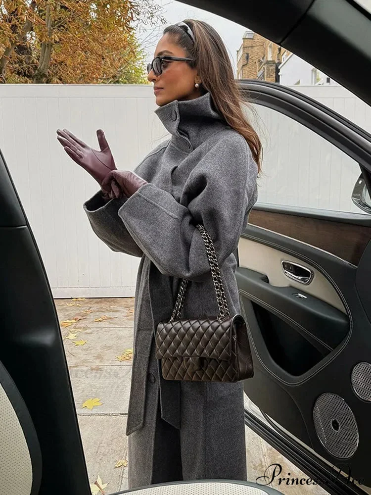 Gray Tall Neck Extended Woolen Coat - Image 4