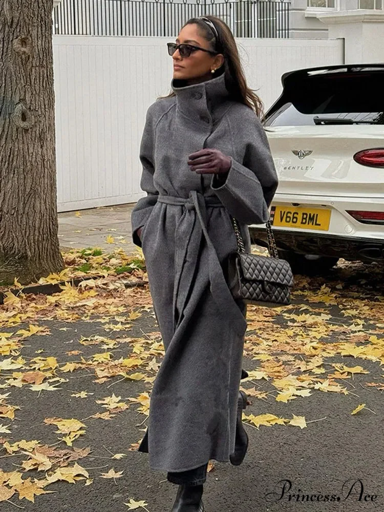 Gray Tall Neck Extended Woolen Coat - Image 5