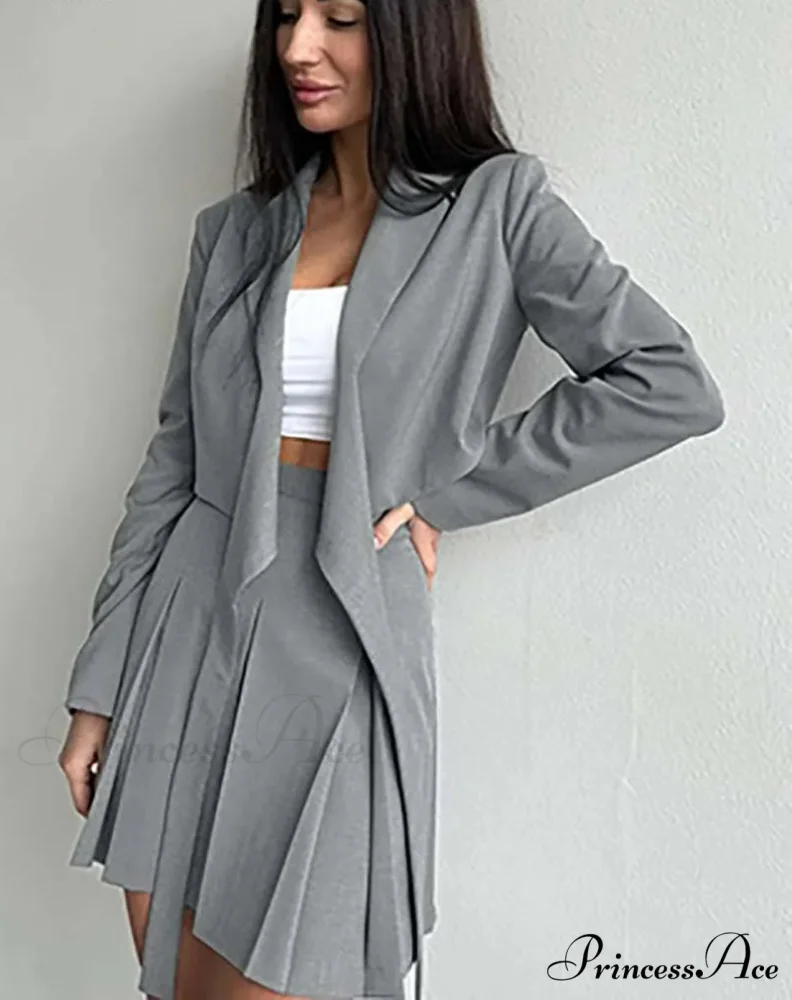 Gray Tied Pleated Mini Work Two Piece Set - Image 2