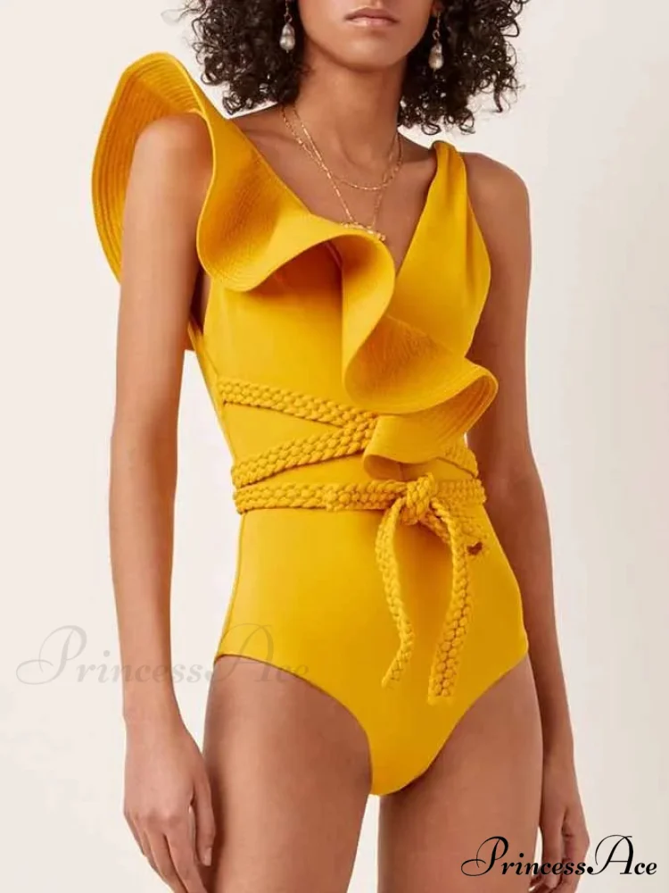 Green Frilled Solid Monokini Swimsuit One Piece - Image 2