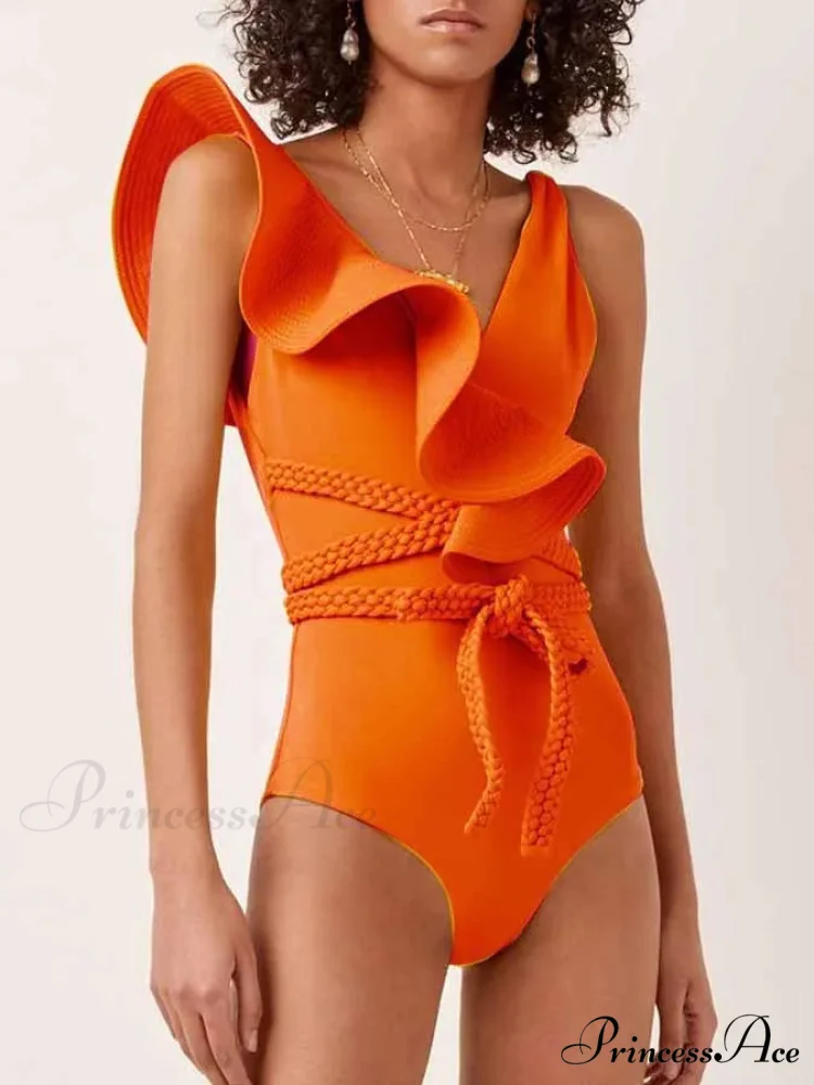 Green Frilled Solid Monokini Swimsuit One Piece - Image 3
