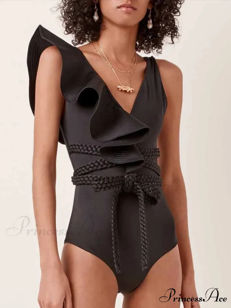 Green Frilled Solid Monokini Swimsuit One Piece - Image 4