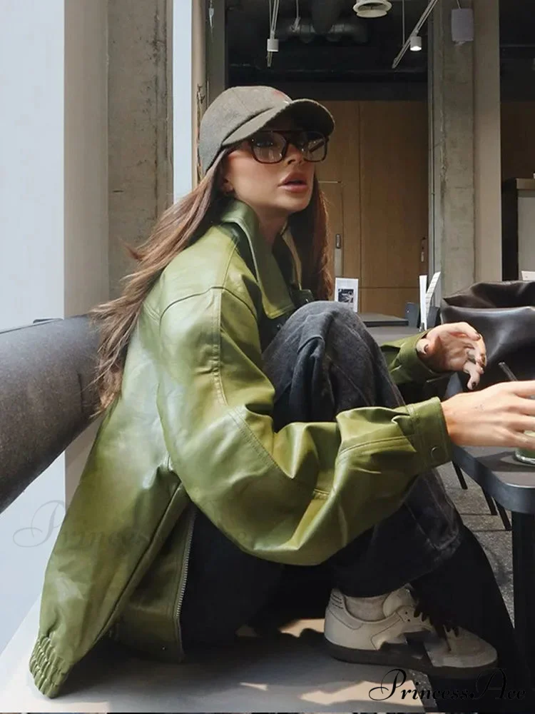 Green Single Breasted Leather Coat - Image 2