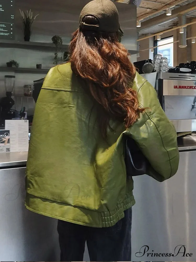 Green Single Breasted Leather Coat - Image 3