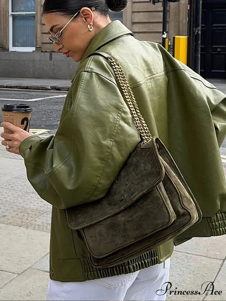 Green Single Breasted Leather Coat - Image 4