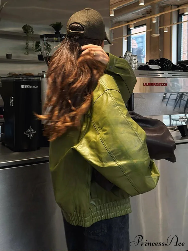 Green Single Breasted Leather Coat - Image 5