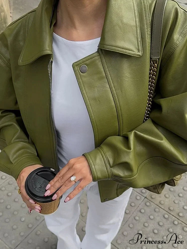 Green Single Breasted Leather Coat - Image 6