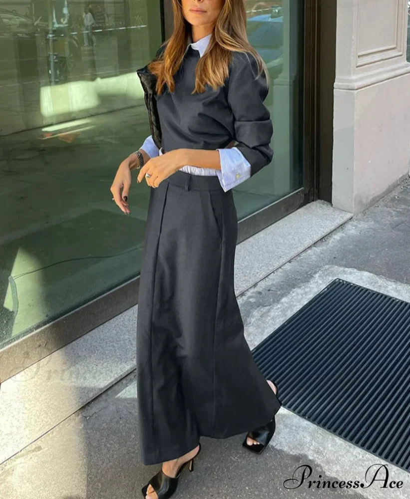 Grey Extended Sleeve Crop Skirt Workplace Two Piece Set - Image 2
