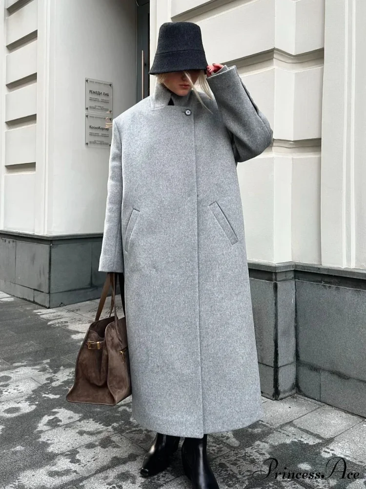 Grey Informal Wool Notched Button Up Overcoat - Image 3