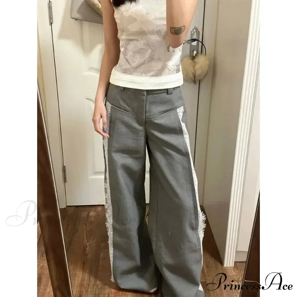 Grey Lace 2000s Women Suit Wide Leg Trousers - Image 2