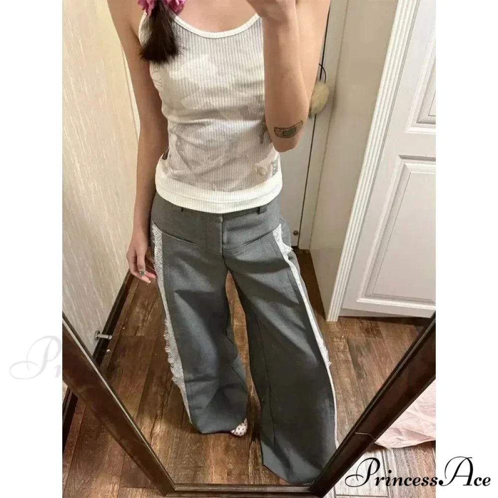 Grey Lace 2000s Women Suit Wide Leg Trousers - Image 3