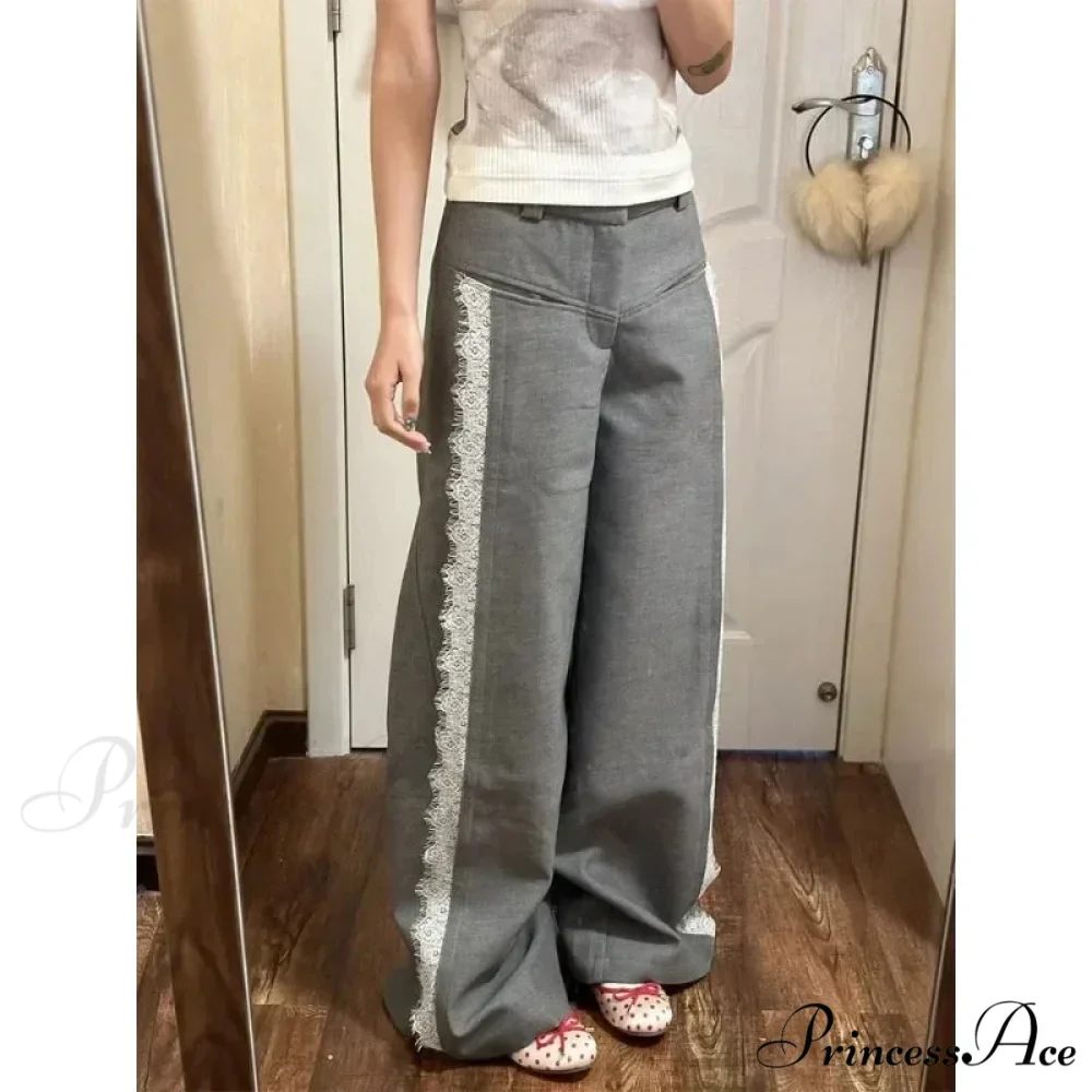 Grey Lace 2000s Women Suit Wide Leg Trousers - Image 4