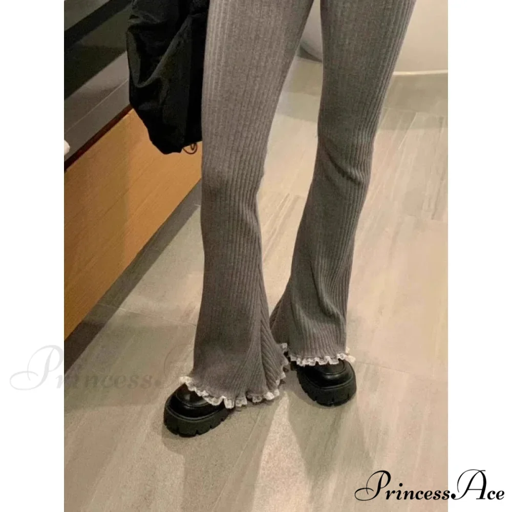 Grey Lace Flounce Women Informal Knit Trousers - Image 2