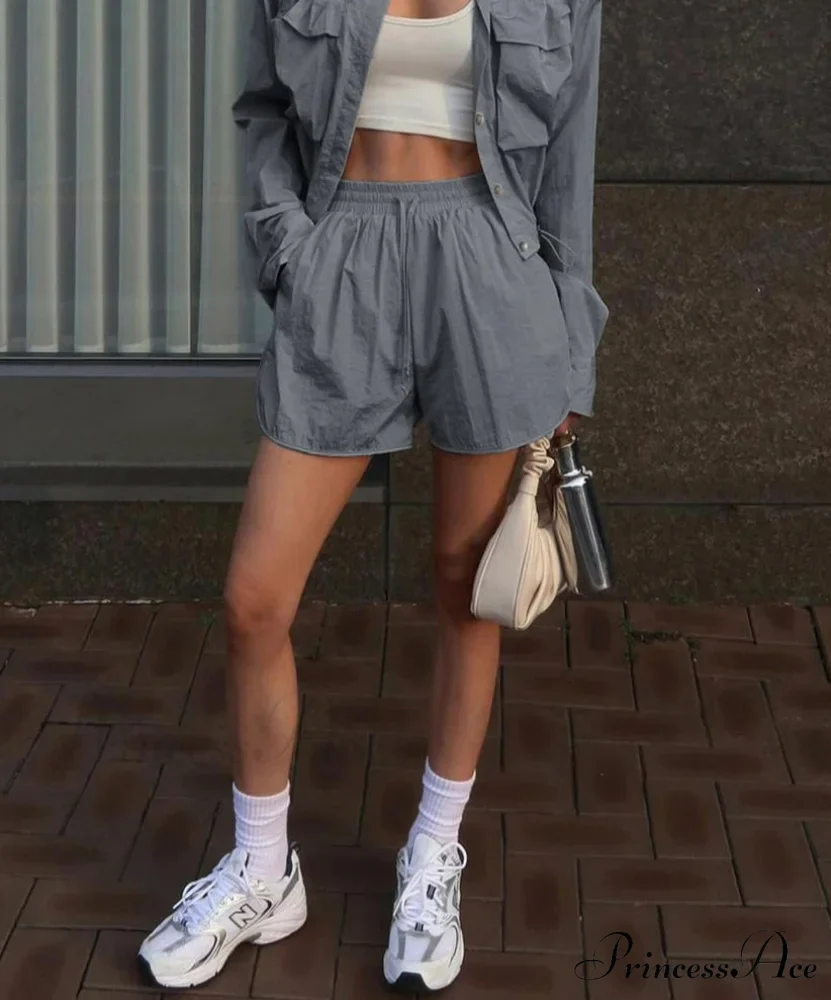 Grey Nylon Crop Blouse Shorts Office Two Piece Set - Image 3