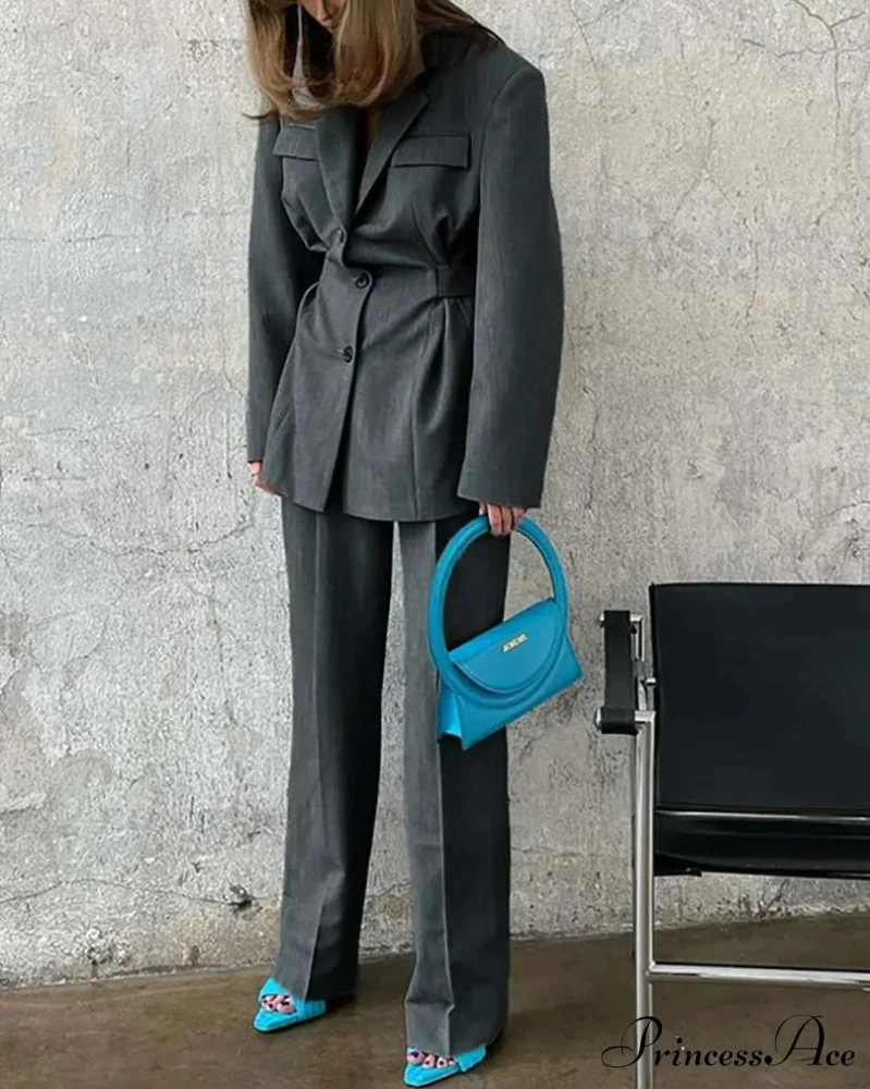 Grey Pockets Tunic Straight Pants Workplace Two Piece Set - Image 2