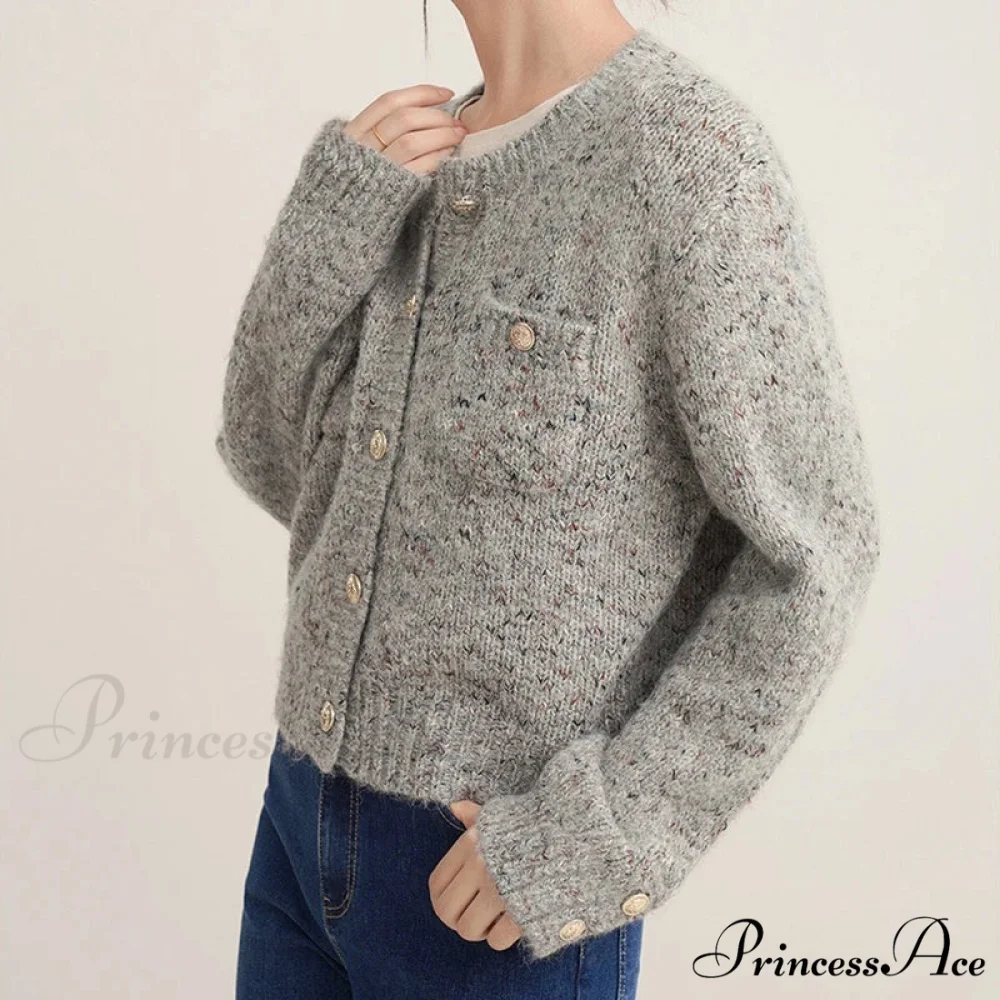 Grey Sophisticated Round-neck Button Cardigan - Image 4