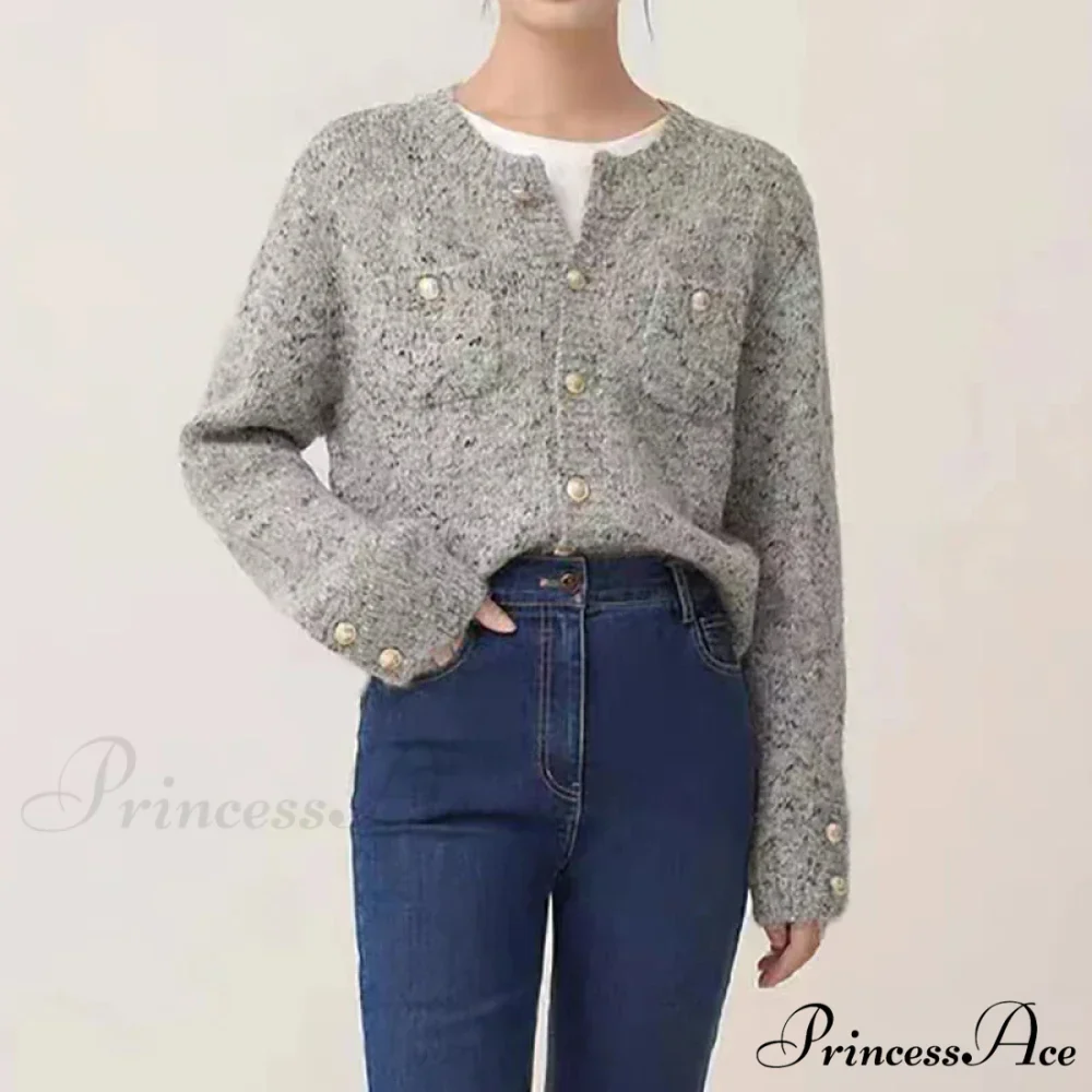 Grey Sophisticated Round-neck Button Cardigan - Image 5