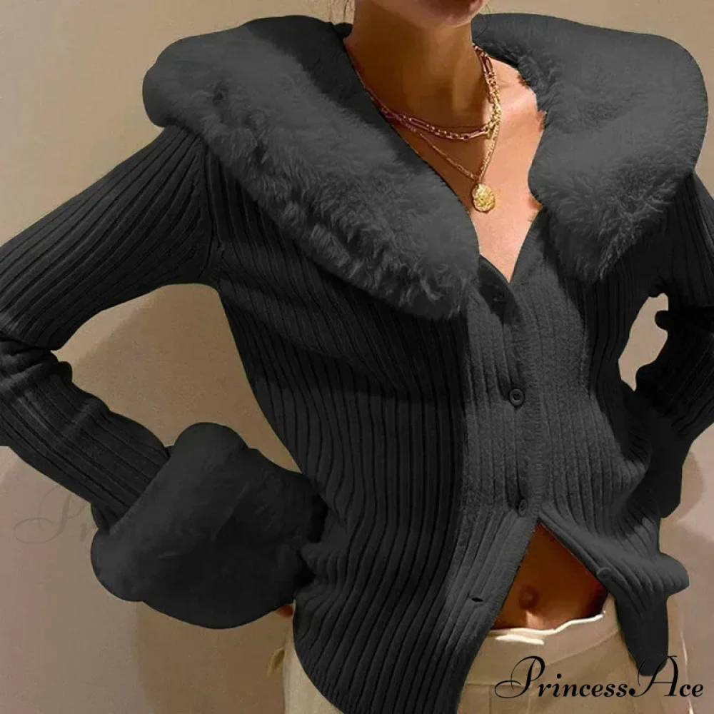 Grooved Furry Border Sleek Knitted Cardigan - Image 2
