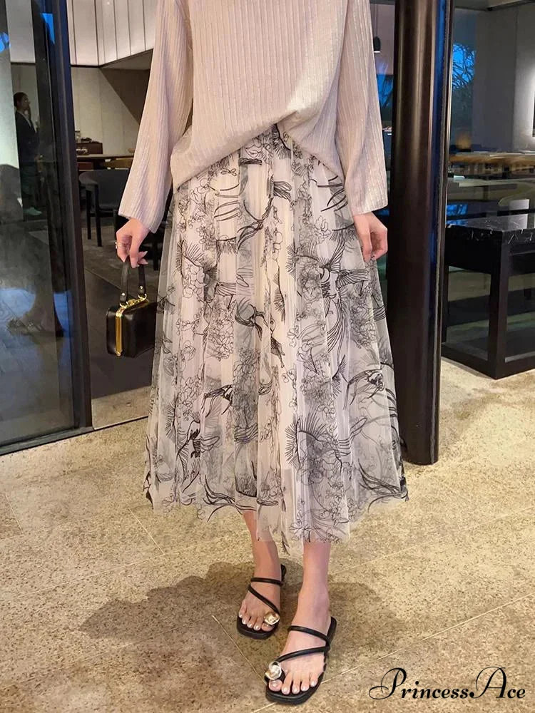 Grouping Blossom Bird Mesh Elastic Waist Midi Skirt - Image 2