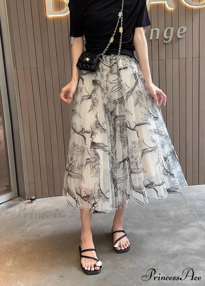 Grouping Blossom Bird Mesh Elastic Waist Midi Skirt - Image 3