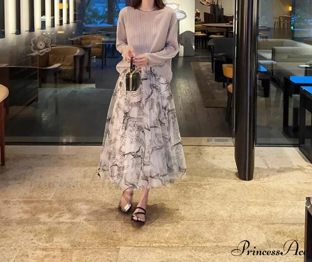 Grouping Blossom Bird Mesh Elastic Waist Midi Skirt - Image 4