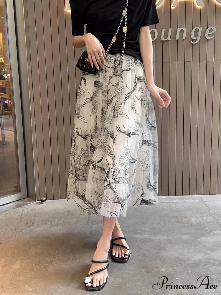 Grouping Blossom Bird Mesh Elastic Waist Midi Skirt - Image 5