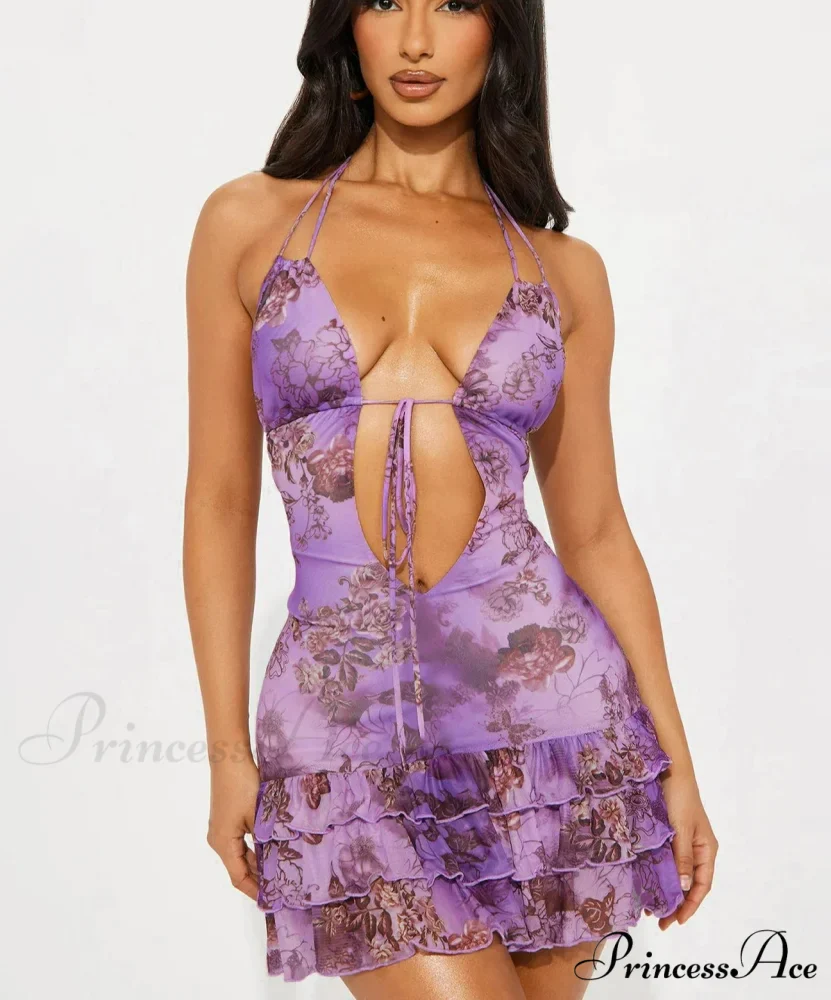 Halter Lace-Up Frilled Mini Dress - Image 3