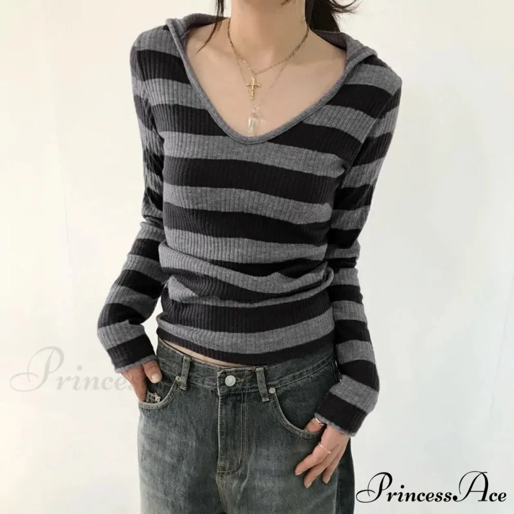 Harajuku Stripe Hooded Slim Contrast Shade Long Sleeve Knit Top - Image 2