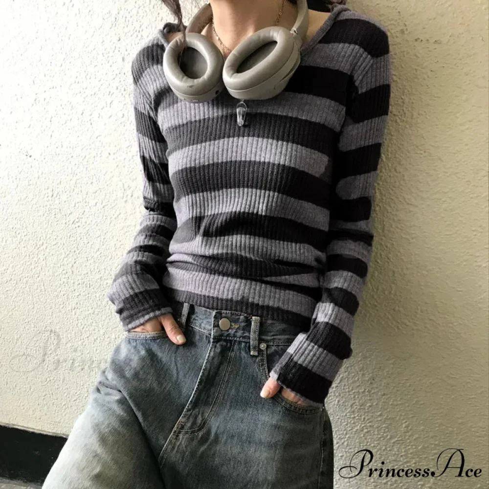 Harajuku Stripe Hooded Slim Contrast Shade Long Sleeve Knit Top - Image 3