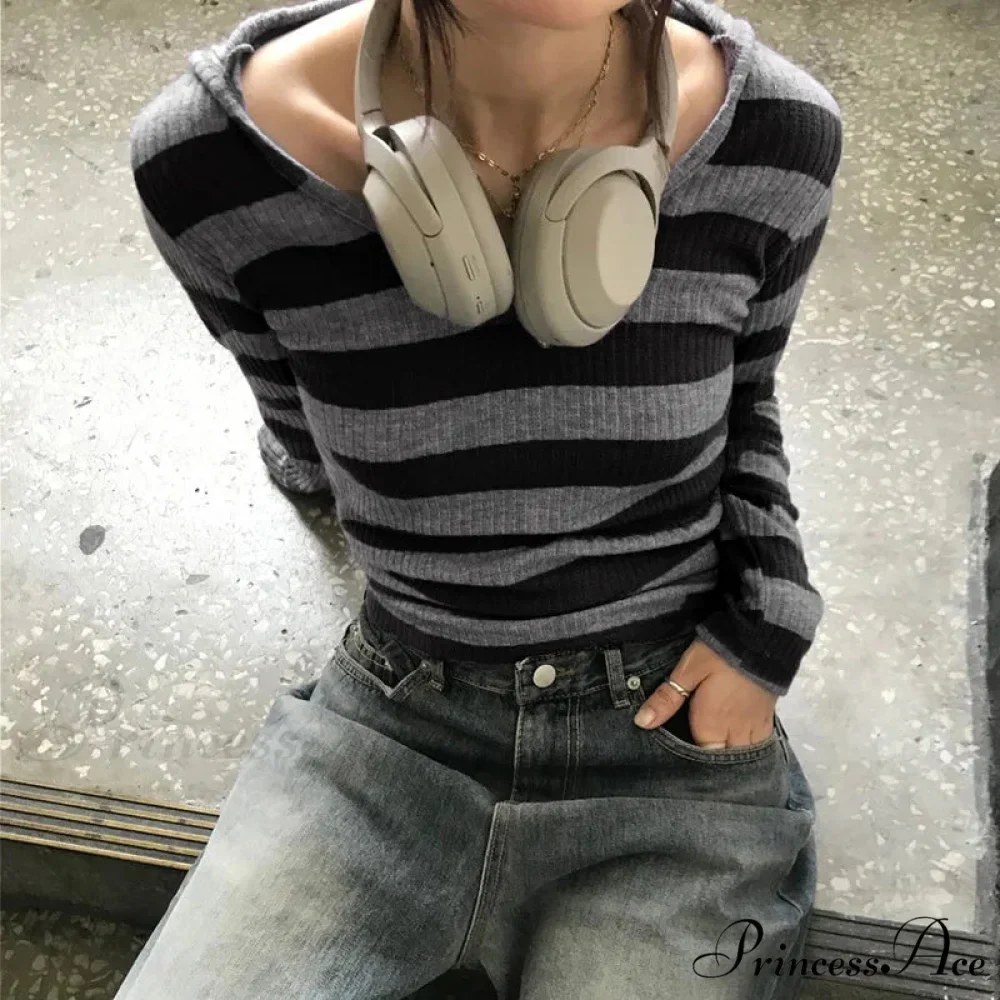 Harajuku Stripe Hooded Slim Contrast Shade Long Sleeve Knit Top - Image 4