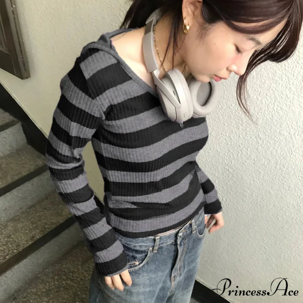 Harajuku Stripe Hooded Slim Contrast Shade Long Sleeve Knit Top - Image 5