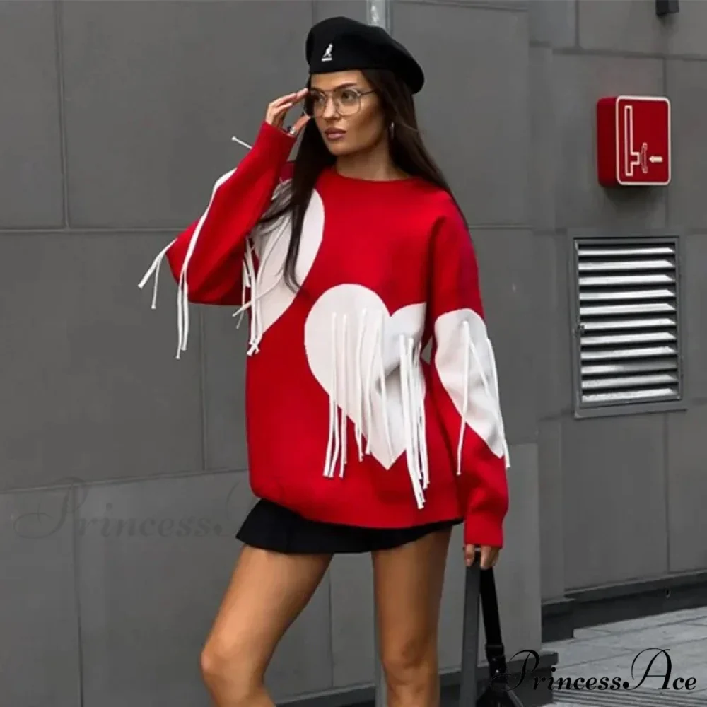 Heart Pattern Round Neck Long Sleeve Sweater - Image 2