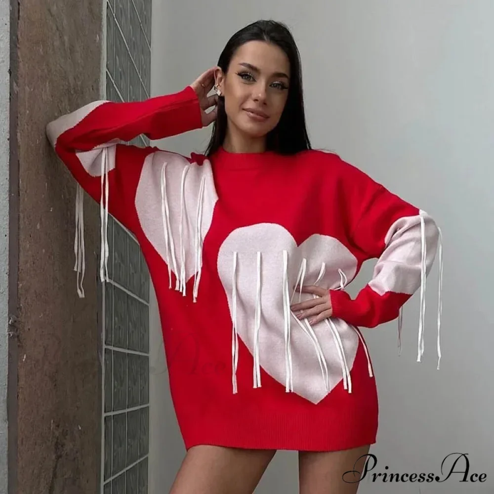 Heart Pattern Round Neck Long Sleeve Sweater - Image 3