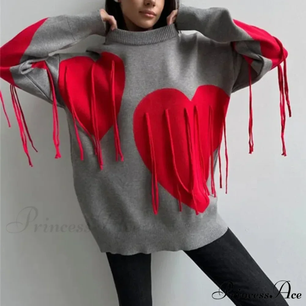 Heart Pattern Round Neck Long Sleeve Sweater - Image 8