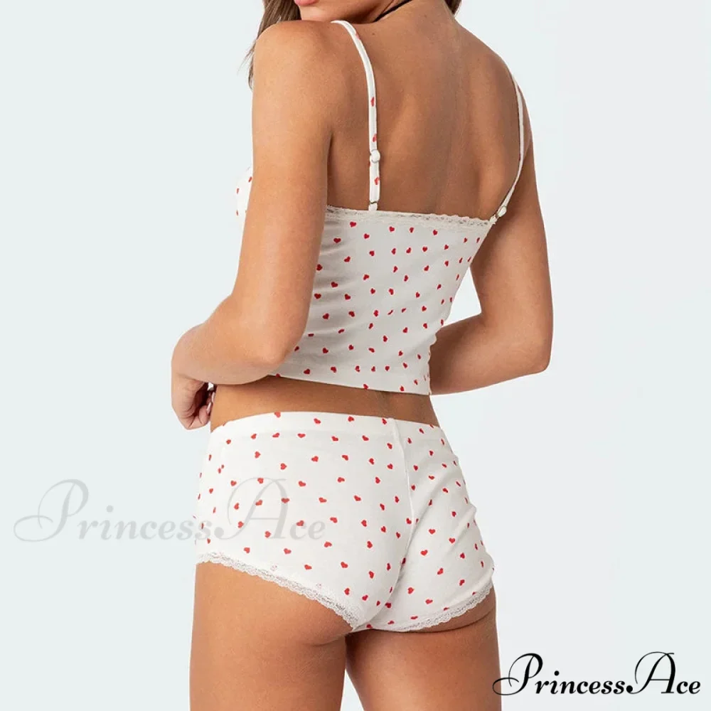 Heart Printed Cute Lace Trim Camis Micro Shorts Two Pieces Set - Image 2