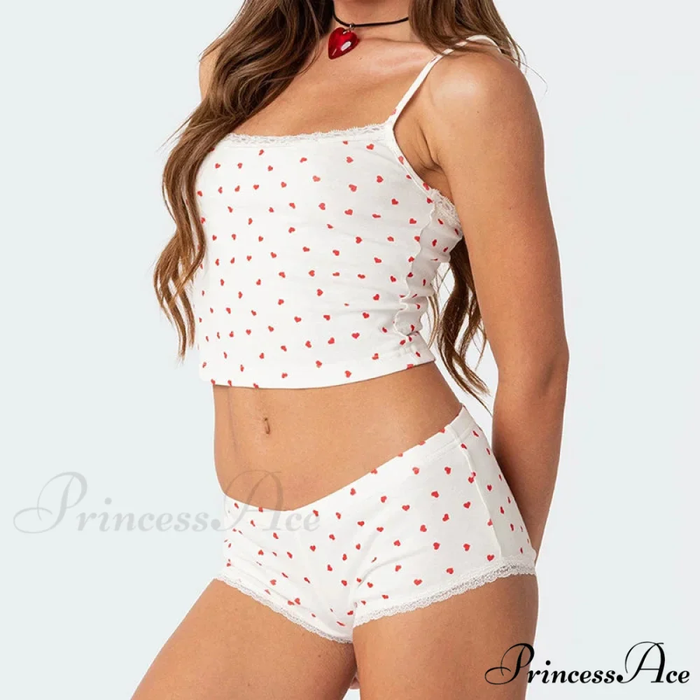 Heart Printed Cute Lace Trim Camis Micro Shorts Two Pieces Set - Image 4