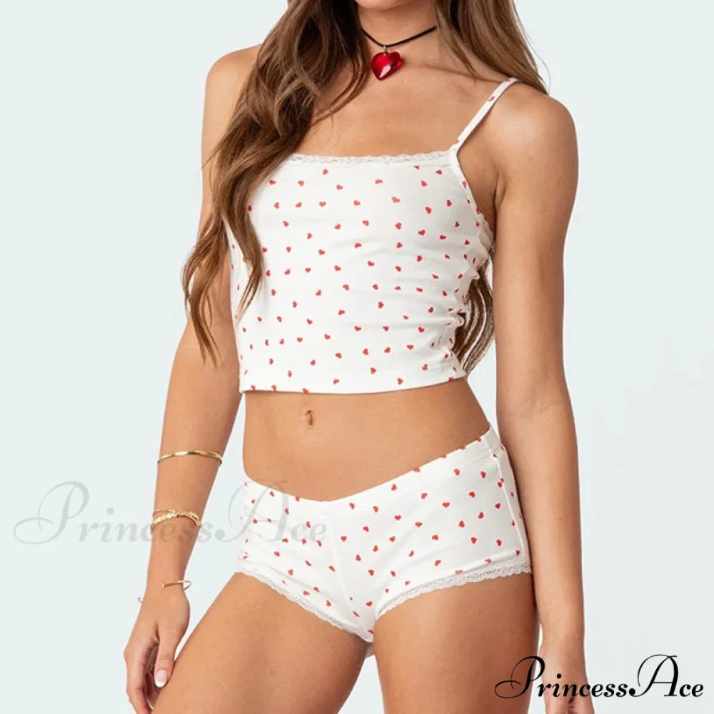 Heart Printed Cute Lace Trim Camis Micro Shorts Two Pieces Set - Image 5
