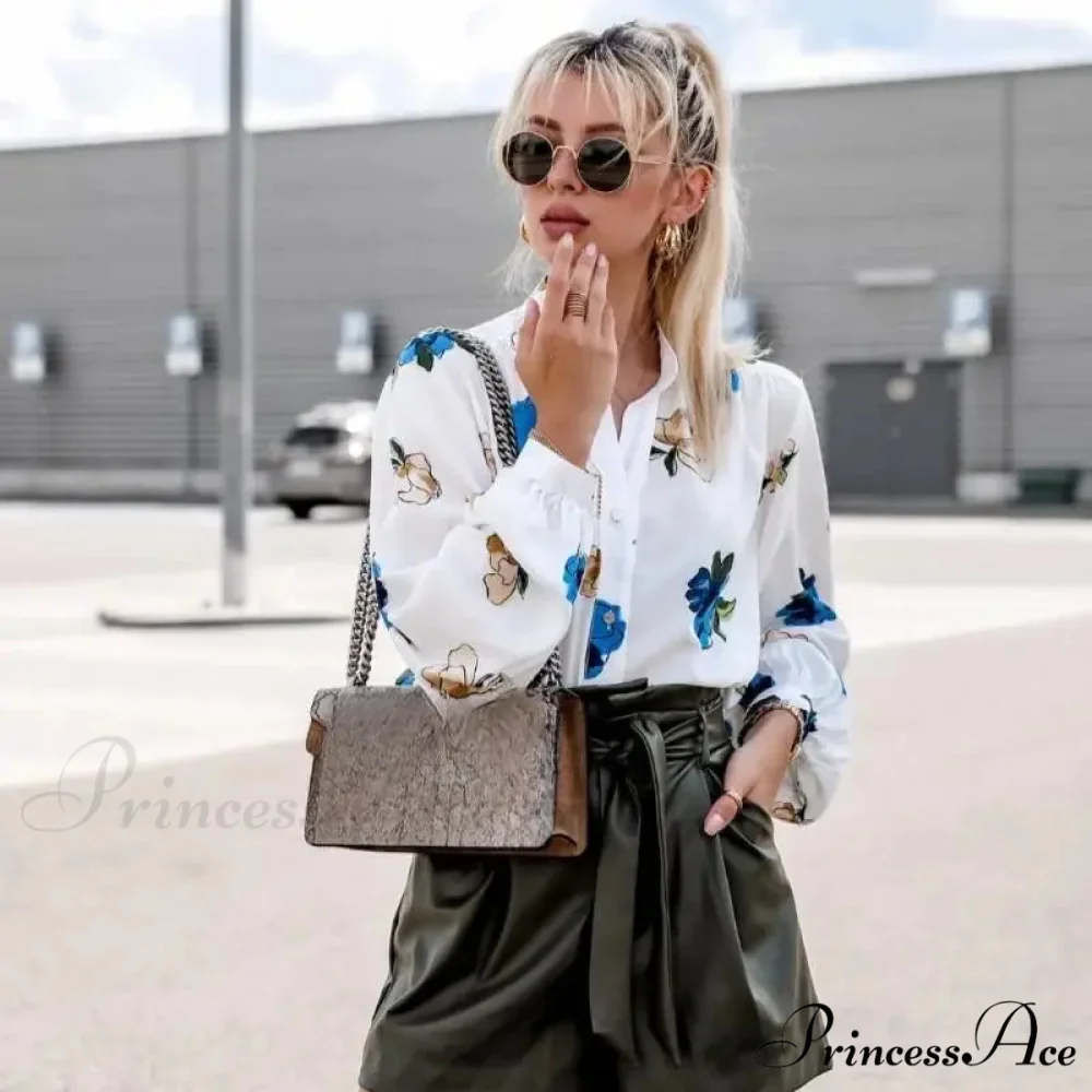 High Neck Flower Pattern Puff Sleeve Top - Image 2