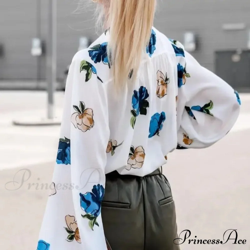 High Neck Flower Pattern Puff Sleeve Top - Image 3
