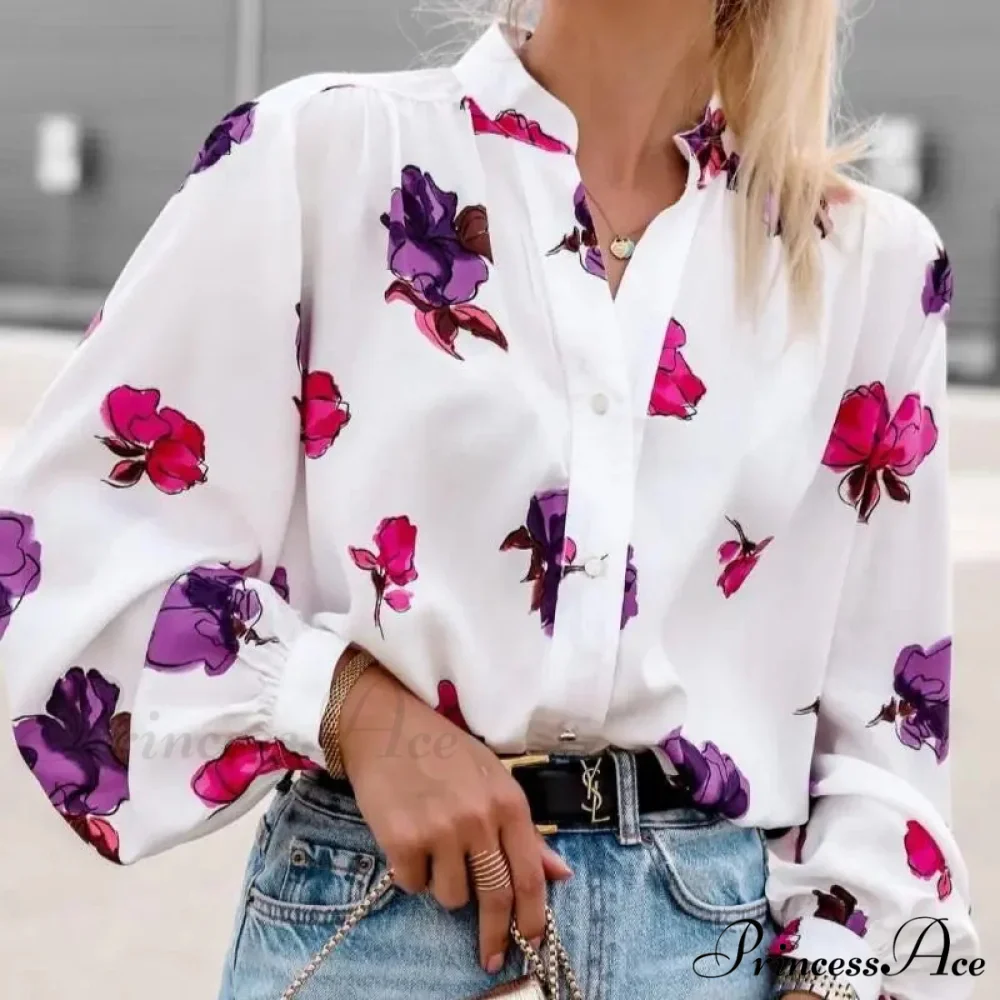 High Neck Flower Pattern Puff Sleeve Top - Image 5