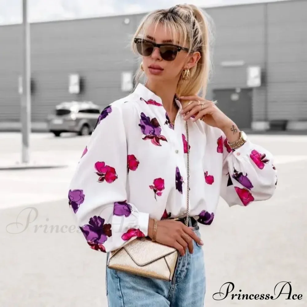 High Neck Flower Pattern Puff Sleeve Top - Image 6