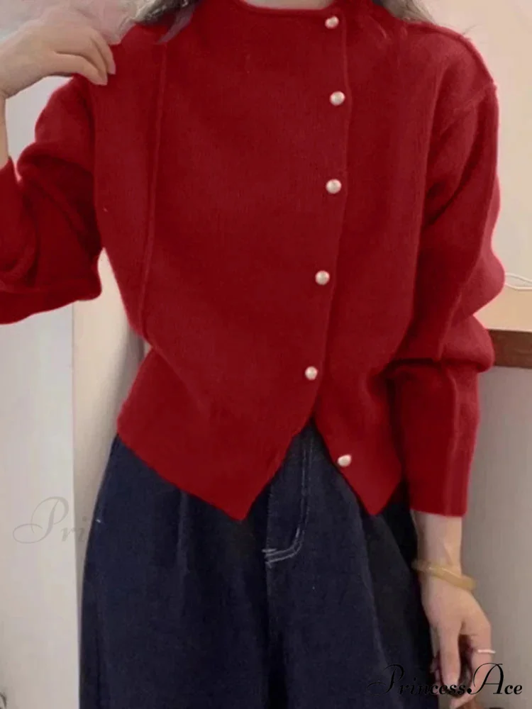 Holiday Crimson Puff Sleeve Button-Up Sophisticated Knitted Cardigan - Image 2