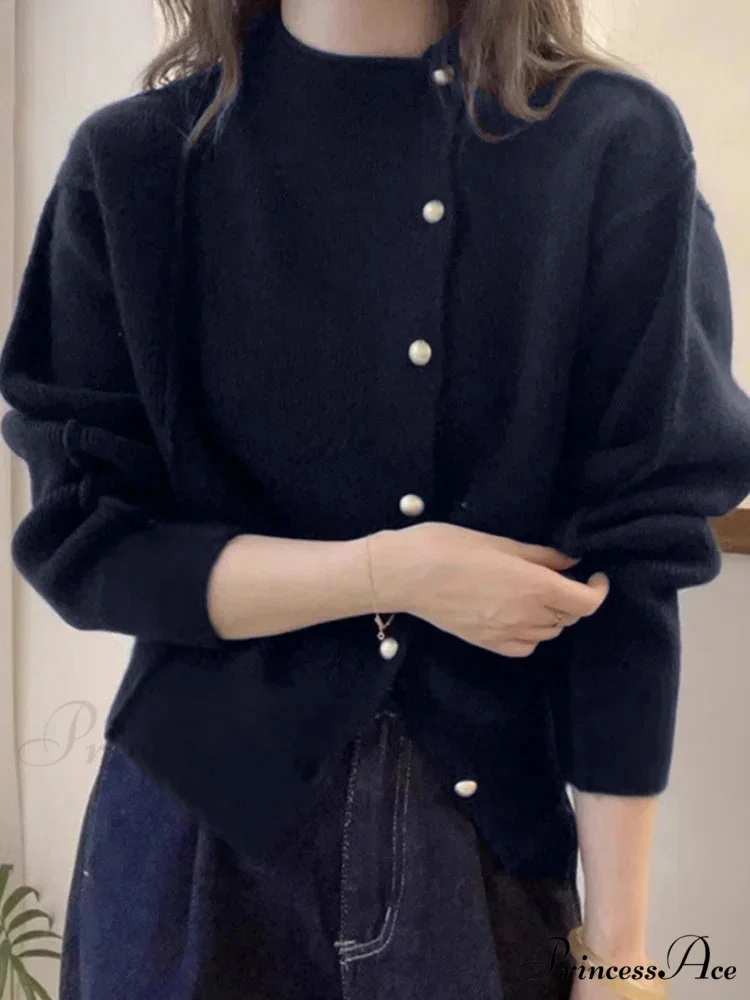 Holiday Crimson Puff Sleeve Button-Up Sophisticated Knitted Cardigan - Image 3