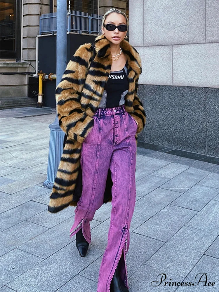 Imitation Fur Tiger Patterned Baggy Overcoat - Image 3
