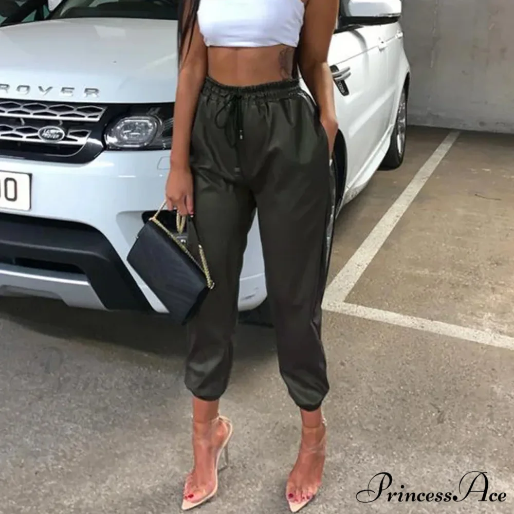Imitation Leather Elevated Waist Joggers Trousers - Image 2