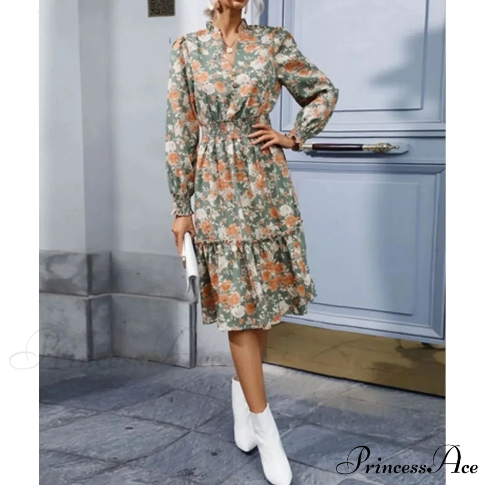 Informal A-line V-neck Floral Dress - Image 3