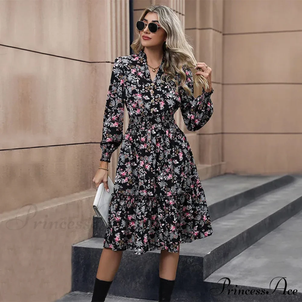 Informal A-line V-neck Floral Dress - Image 6